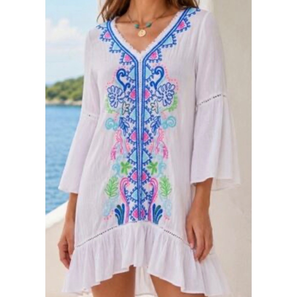Lilly Pulitzer Women's Tavvy Cover Up Embroidery White Bell Sleeve Dress Medium